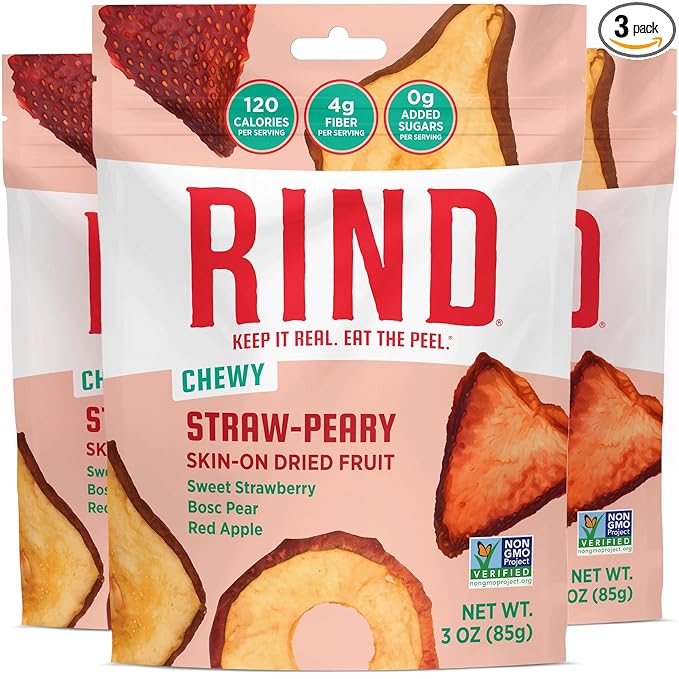 RIND Snacks | Straw-Peary | Strawberry Apple &amp Pear | Dried Fruit Superfood | Chewy Snack | No Sugar Added | All Natural | High in Fiber | Gluten Free | Vegan | Paleo | Fruit Snacks | 3 oz | 3 P