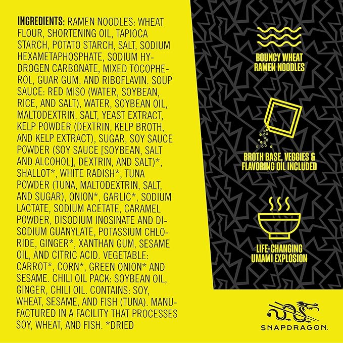Snapdragon Miso Ramen Cup Noodles - 6 Pack Instant Ramen Bowl with Authentic Wheat Noodles Soup Sauce Base Vege Pack and Flavoring Chili Oil. Microwave or Hot Water Easy Meal Prep
