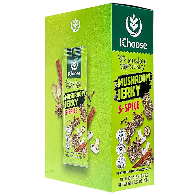 Ichoose Muskee Musky Mushroom Jerky Vegan High-Fiber Snack | Beef Jerky Alternative Perfect for Valentines &amp Snack Packs - 10 Pack Box 0.88 oz (25g) | (25g Box 10 Packs 5-Spice)