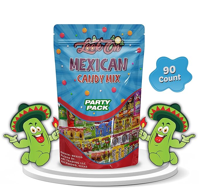 Mexican Candy Assortment Snacks Pack - Variety of Spicy Sweet and Sour Candies Includes Lucas Candy Pelon Pelo Rico Pulparindo Rellerindo by LookOn - 90 Count