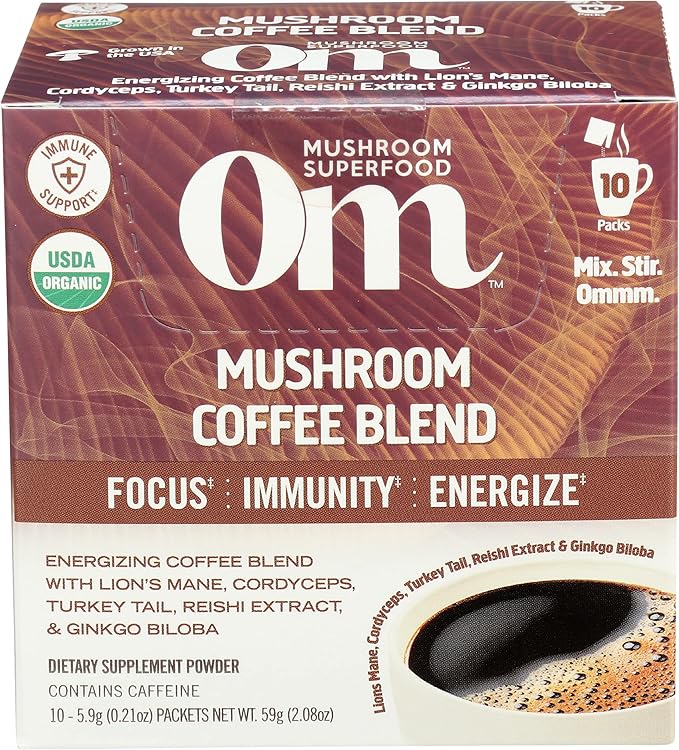 Om Mushroom Superfood Coffee Blend Mushroom Powder Single Serve Organic Arabica Beans 2.08 Oz