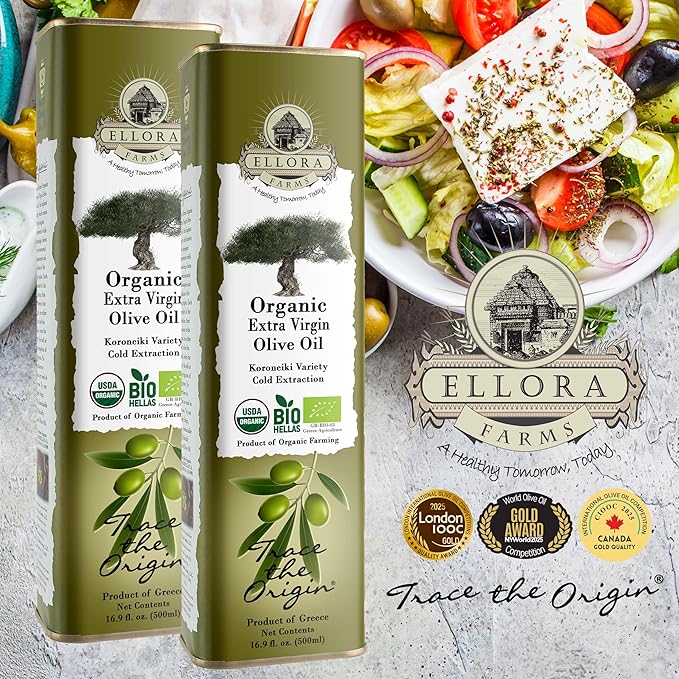 Ellora Farms Organic Extra Virgin Olive Oil High in Phenols Cold Press Traceable Single Origin Extra Virgin Greek Olive Oil Kosher 17 oz. tin Pack of 2