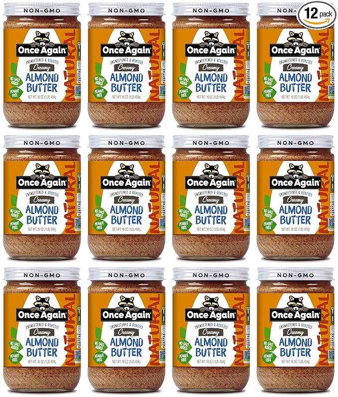 Once Again Natural Creamy Almond Butter 16oz - Roasted - Salt Free Unsweetened - Gluten Free Certified Peanut Free Vegan Kosher Paleo - Glass Jar - Case of 12