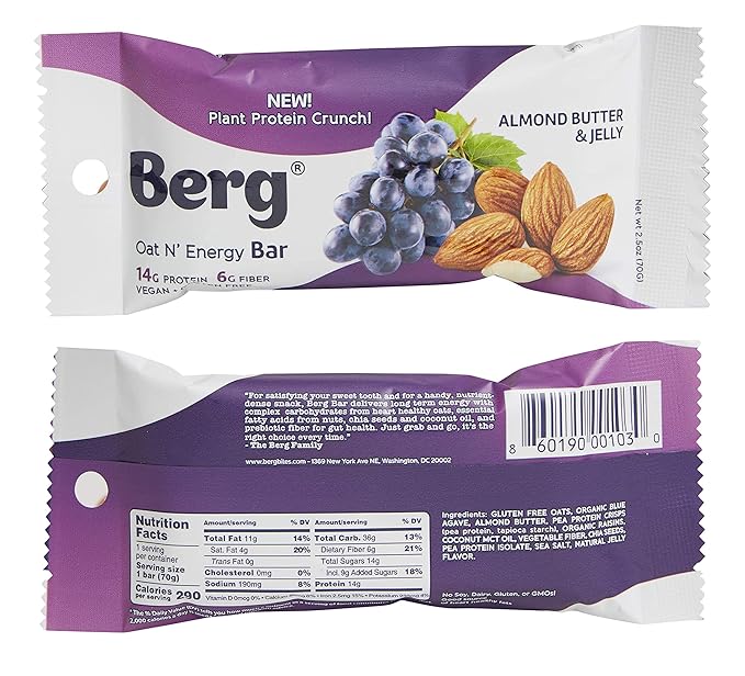 Berg Oat N' Energy Bar | Variety Pack | Plant Based Protein Bar | Non-GMO Gluten Free Nut Free and Vegan | Low Sugar Healthy Snack Bar | High Fiber | On The Go | 2.5oz (8 Packs)