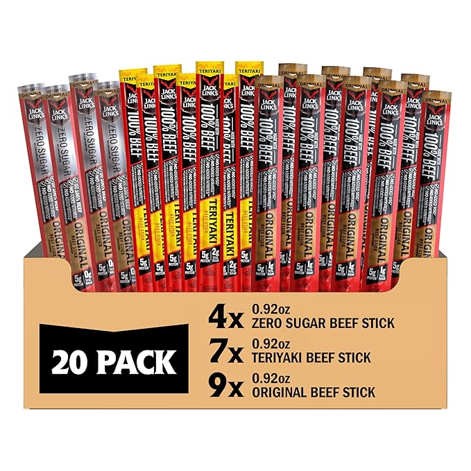 Jack Link's Beef Sticks Variety Pack - Original Teriyaki &amp Zero Sugar - Made with 100% Real Beef - Ready to Eat Real Meat Protein Snacks - 5g Protein per Serving - (20 Pack) 0.92 oz Meat Sticks