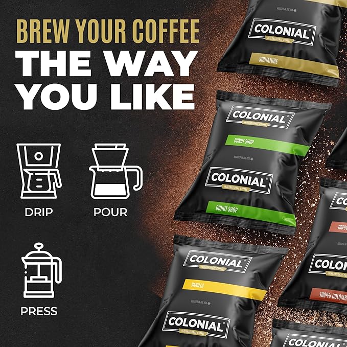Colonial Coffee 32 Count Single Pot Coffee Packets – 100% Arabica Colombian Medium Roast | Pre-Measured Frac Packs for 12 Cup Maker | Bulk Ground Gourmet Coffee for Home &amp Office