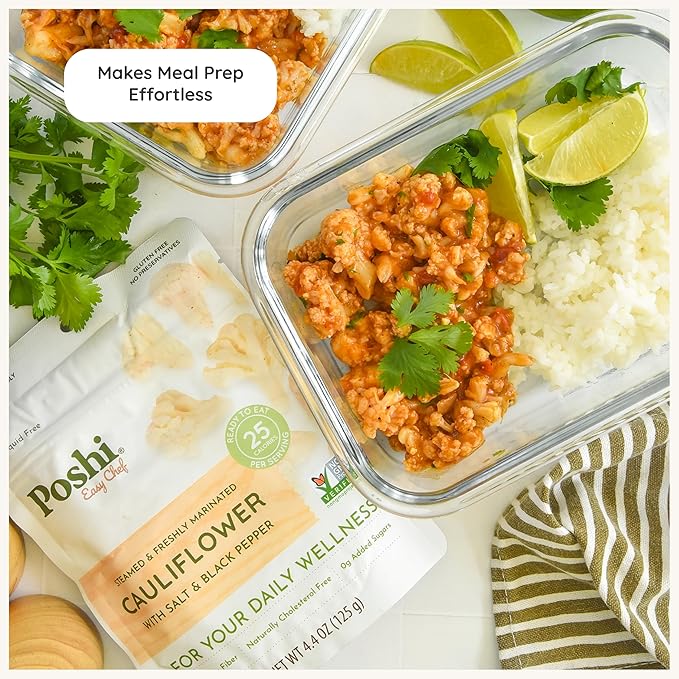 POSHI Marinated Cauliflower Florets with Salt + Black Pepper Natural Keto Vegan Non GMO Low Carb + Calorie Gluten Free Ready to Eat Fully Cooked Vegetables Pentry Food Gourmet 6 Pack 4.4 oz
