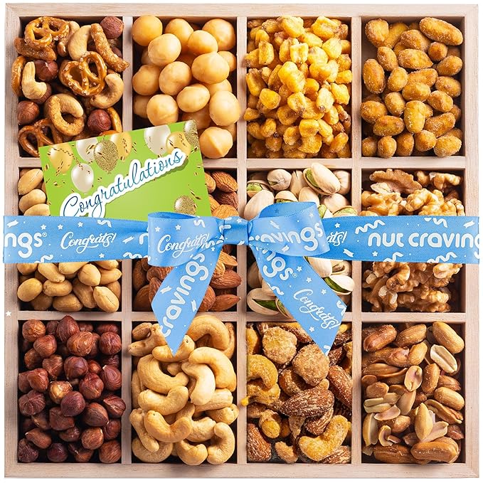 NUT CRAVINGS Gourmet Collection - Congratulations Nuts Gift Basket with Congrats Ribbon + Greeting Card in Reusable Wooden Tray (12 Assortments) Graduation Food Arrangement Healthy Snack