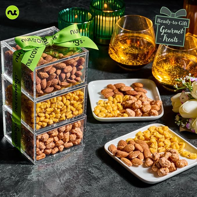 NUT CRAVINGS - Easter Mixed Nuts Acrylic Tower Gift Basket with Ribbon (3 Tier Assortment) Ramadan Gifts Treats for Adults Food Arrangement Healthy Snack Care Package Kosher
