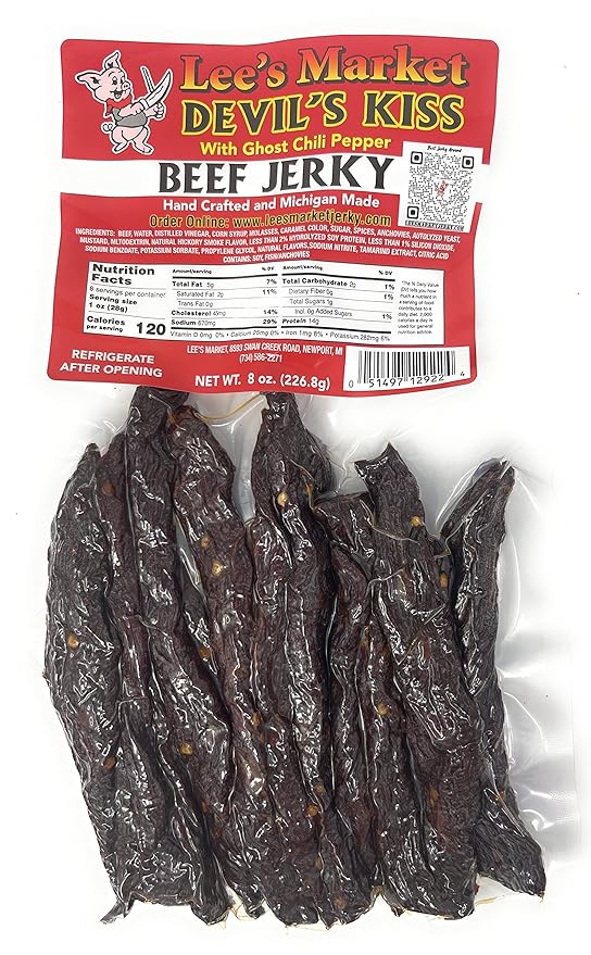 Lee's Market Devil's Kiss Ghost Pepper Beef Jerky - Soft &amp Tender - Healthy Low Carb Gluten-Free Snack - Paleo &amp Keto-Friendly - Michigan Made Handcrafted Jerky - Specialty Gourmet Meat Snack