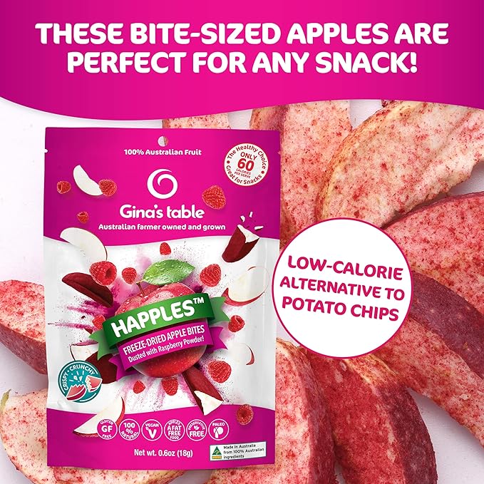 Happles Freeze Dried Apples with Raspberry Fruit Powder – 100% Natural No Added Sugar Healthy Low Calorie Apple Crisps Snack for Adults &amp Kids Gluten Free No Artificial Flavours (10 Pack)