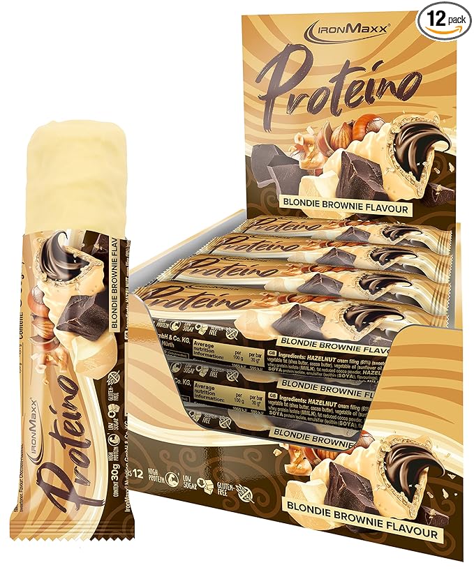 IronMaxx Proteino Protein Bar 12 x 30 g - Blondie Brownie | High Protein Bar with Creamy Waffle Based Filling | Sugar Reduced Gluten-Free Palm Oil Free Fitness Snack