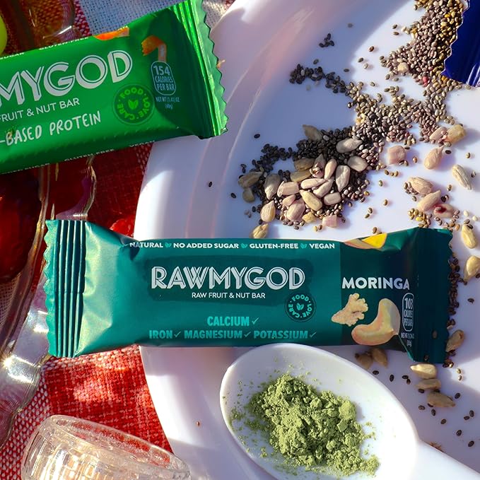 RAWMYGOD Fruit and Nut Bars Gluten Free Vegan No Added Sugar (20 bars Moringa)