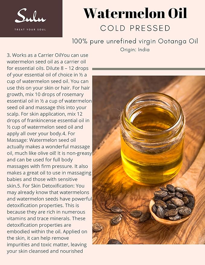 SULU ORGANICS 100% Pure Unrefined Cold Pressed Watermelon Seed Oil - Pure Ootanga Oil (16 fl.oz)