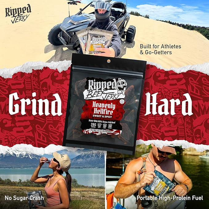 Ripped Beef Jerky - 100% Grass Fed Beef 20g Protein Real Ingredients Gluten Free No MSG Made in USA (Pack of 3 Sweet &amp Spicy)
