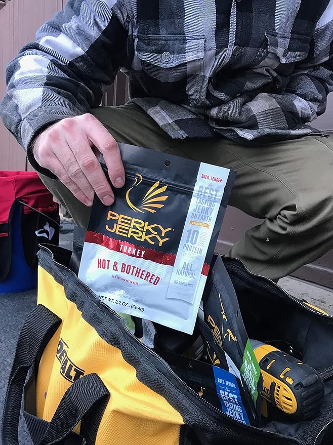 Perky Jerky Hot and Bothered Turkey Jerky 2.2oz (Pack of 12) - Low Sodium - 10g Protein per Serving - Low Fat - 100% U.S. Sourced - Tender Texture