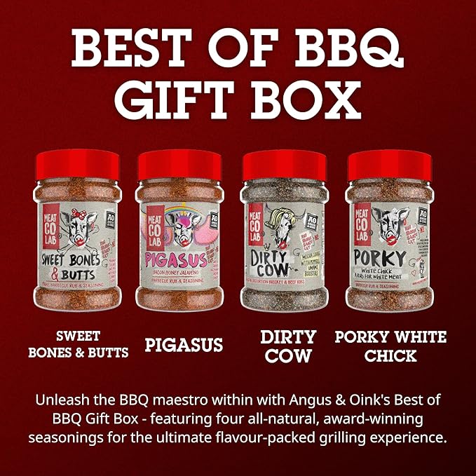 Angus &amp Oink Gift Set | Best of BBQ Gift Box | BBQ Rubs | 1 x Sweet Bones &amp Butts 220G | 1 x Dirty Cow Seasoning | 1 x Pigasus | 1 x Porky White Chick 220G