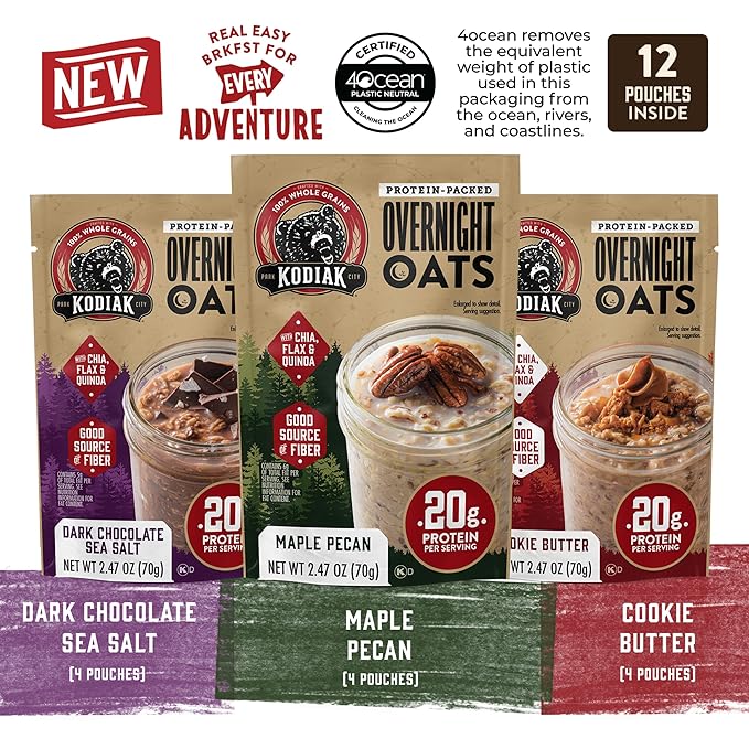 Kodiak Cakes Protein Overnight Oats Variety Pack - Cookie Butter Dark Chocolate Sea Salt Maple Pecan 12 Count High Protein