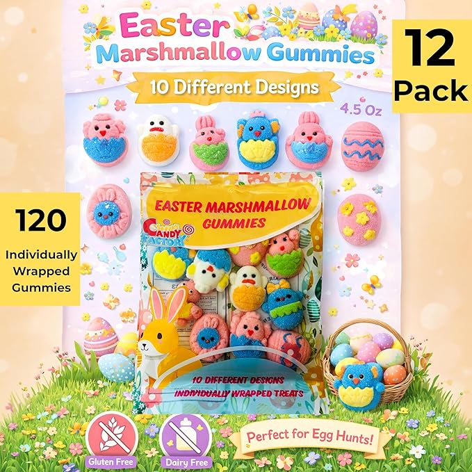Easter Marshmallow Gummies - 10 Fun Designs 12-Pack Total 120 Individually Wrapped Gummies - Gluten-Free &amp Dairy-Free Perfect for Egg Hunts