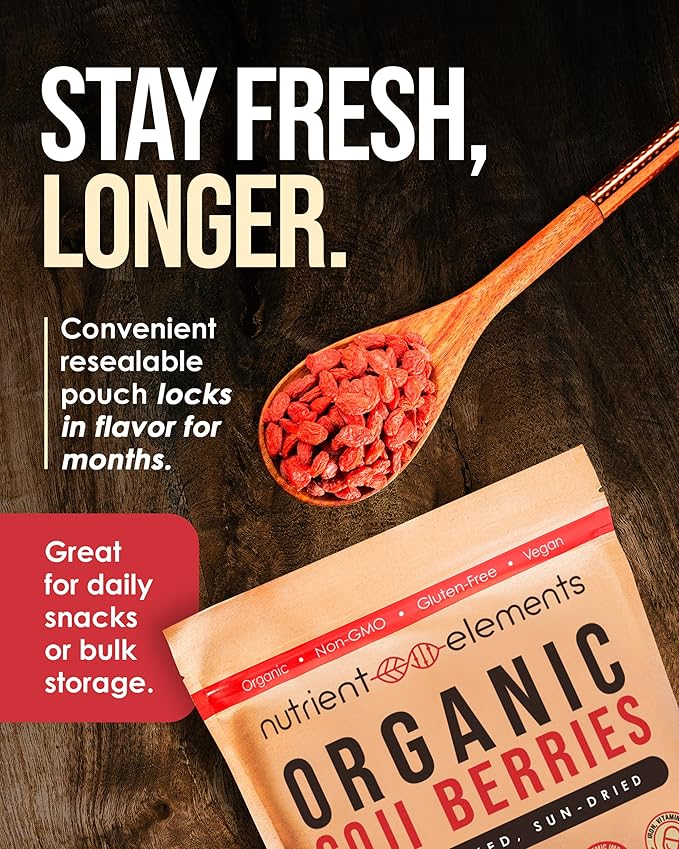 Nutrient Elements Goji Berries – 2 lb/32 oz – USDA Organic Raw Sun-Dried Hand-Picked – Extra Large Dried Berries – Resealable Bag – Naturally Grown No Additives
