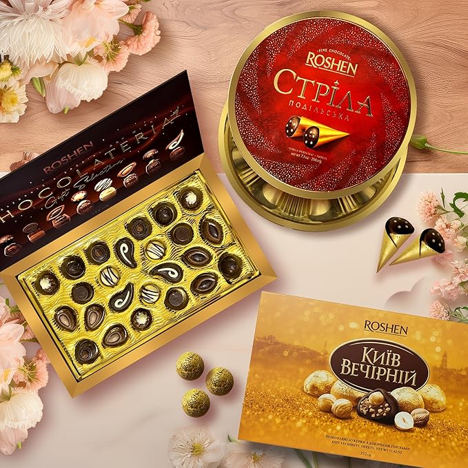 Roshen Chocolate Gift Boxes Bundle Kyiv Vechirnii 12.4 oz Chocolateria 6.8 oz &amp Strila Podilska 7.3 oz Assorted Gourmet Dark Chocolates Elegant European Candy Gift Set of 3 for Birthday &amp