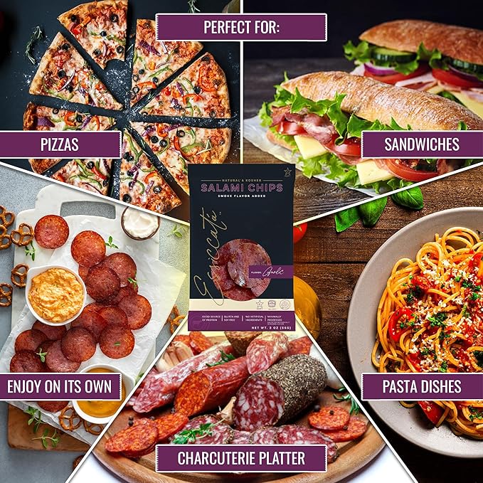 Aufschnitt Meats Kosher Salami Chips - Sliced Sausage Charcuterie Meat - Natural Friendly - 2 oz Garlic 5 Pack
