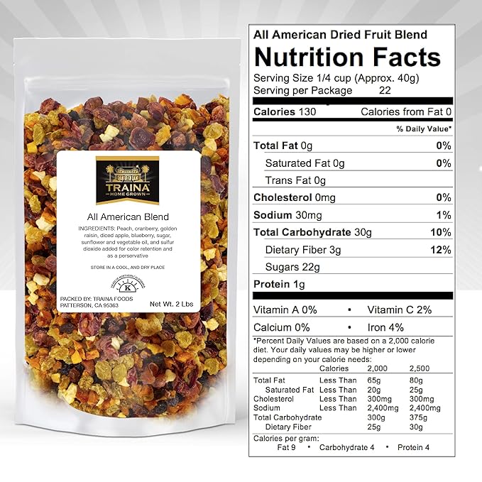 Traina Home Grown All American Dried Fruit Blend - Peaches Sweetened Cranberries Golden Raisins Sweetened Blueberries Apples - Non GMO Gluten Free Vegan Healthy Real Fruit Snack in Resealable P