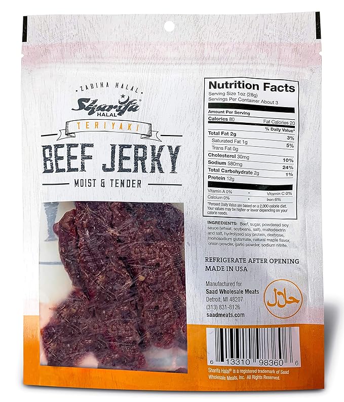 Sharifa Halal Beef Jerky Teriyaki (5 Pack) Each Bag 2.85 oz – Great Everyday Halal Jerky Beef Meat Snack 100 % Real Zabiha Halal Beef 12g of Protein 80 Calories 0g Trans Fat &amp 2g of Carbohy