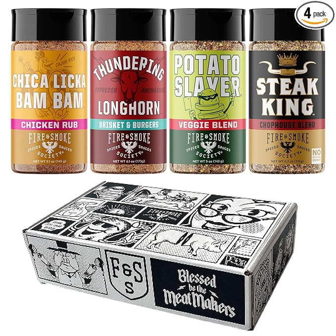 Fire &amp Smoke Society Meat &amp Potatoes Seasoning Variety Pack | BBQ Rubs Gifts for Men Father's Day Gifts | Steak Rub Chicken Burger Seasoning Brisket Rub| Large Spices Set (4-Pack)