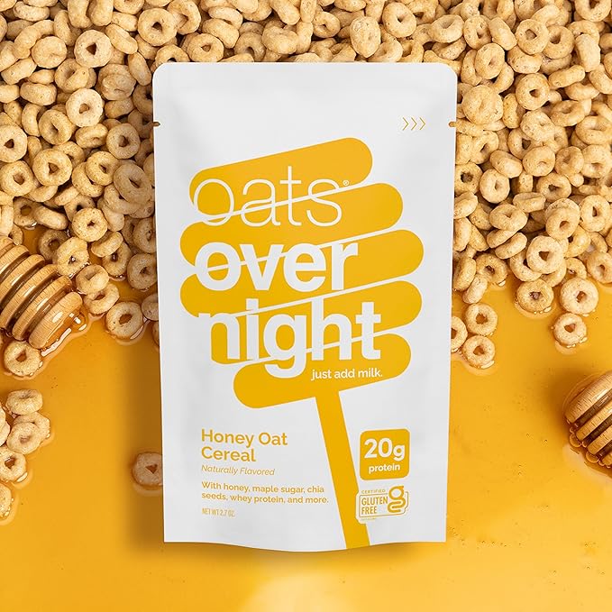Oats Overnight Honey Oat Cereal - Overnight Oats with 20g Whey Protein High Fiber Breakfast Protein Shake - Gluten Free Oatmeal Non GMO High Protein Oatmeal (2.7 oz per Meal) (16 Pack)