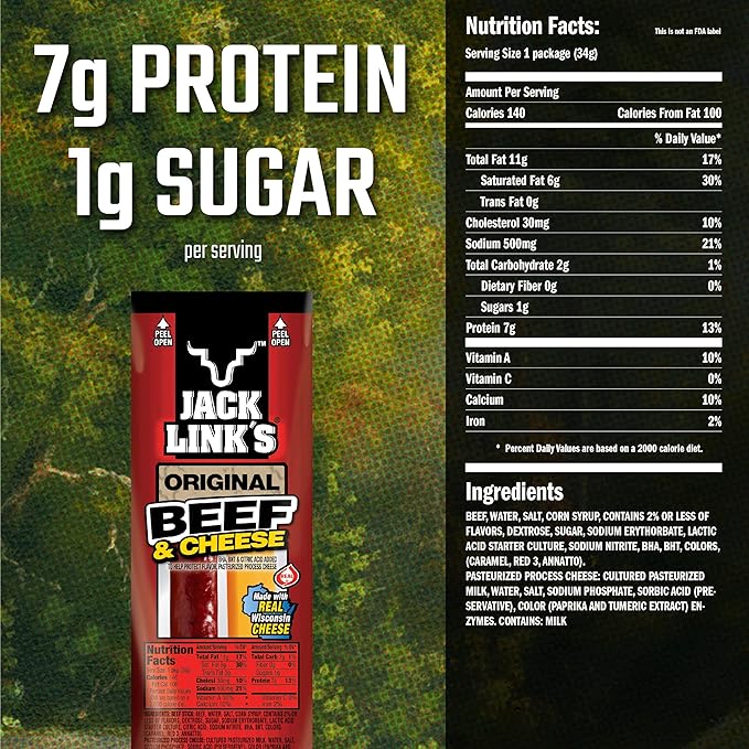 Jack Link’s Original Beef &amp Cheese Combo Pack 1.2 oz. Pack of 48 – Original 100% Beef Stick and Cheese Stick Made with Real Wisconsin Cheese - 7g Protein Made with Beef