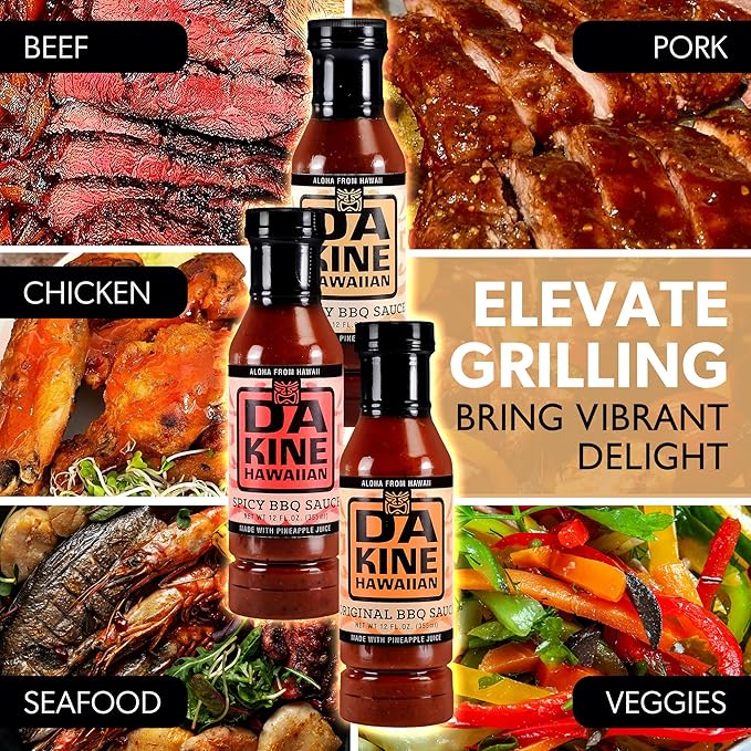 Da Kine Hawaiian BBQ Sauce - Premium Gourmet Barbecue Sauce Gluten-Free Flavored Seasoning &amp Dipping BBQ Spices for Meat Fish &amp Vegetables Grill &amp Kitchen Essentials - 3 Flavors 12 oz