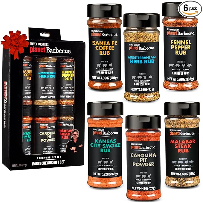 Steven Raichlen's Planet Barbecue Gourmet BBQ Rubs &amp Spices Gift Box 6 Pack- Grill Seasonings Set with Worldwide Flavors- Great Grilling Gift for Men