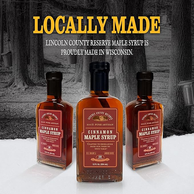 Lincoln County Reserve Cinnamon Maple Syrup Made in USA with Real Cinnamon Stick Amber Rich Grade A Real American Made for French Toast Pancakes Oatmeal and More