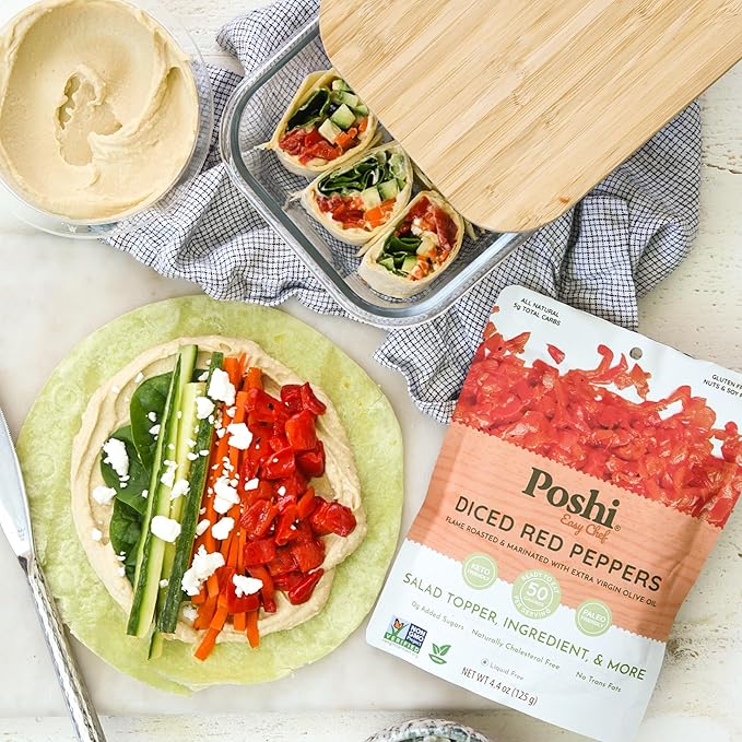 POSHI Diced Red Peppers - Flame-Roasted and Marinated with Extra Virgin Olive Oil - Liquid-Free Ready-to-Use Ingredient No Artificial Preservatives - Gluten-Free Keto Vegan Non-GMO 6 pack 4.4oz