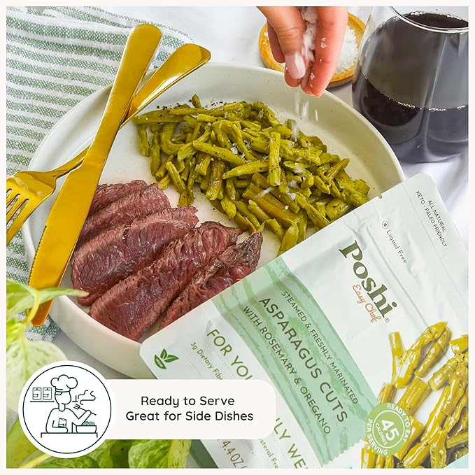 POSHI Marinated Asparagus Cuts with Rosemary + Oregano Natural Keto Vegan Non GMO Low Carb + Calorie Gluten Free Ready to Eat Fully Cooked Vegetables Pentry Food Gourmet Healthy 6 Pack 4.4oz