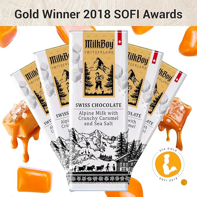 Milkboy Swiss Chocolates Milk Chocolates - Premium Alpine Milk Chocolate Bars with Crunchy Caramel &amp Sea Salt - Made in Switzerland - GMO Free - Each 1.4 oz - 20 Pack