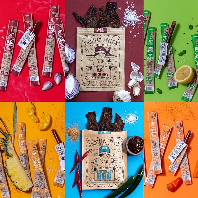 Righteous Felon Beef Jerky + Meat Sticks Variety Gift Basket - Great Gifts for Men | Gluten Free High Protein Healthy Snack | Beef Pork &amp Turkey Jerky Variety Snack Pack | The Gift Bag Pack