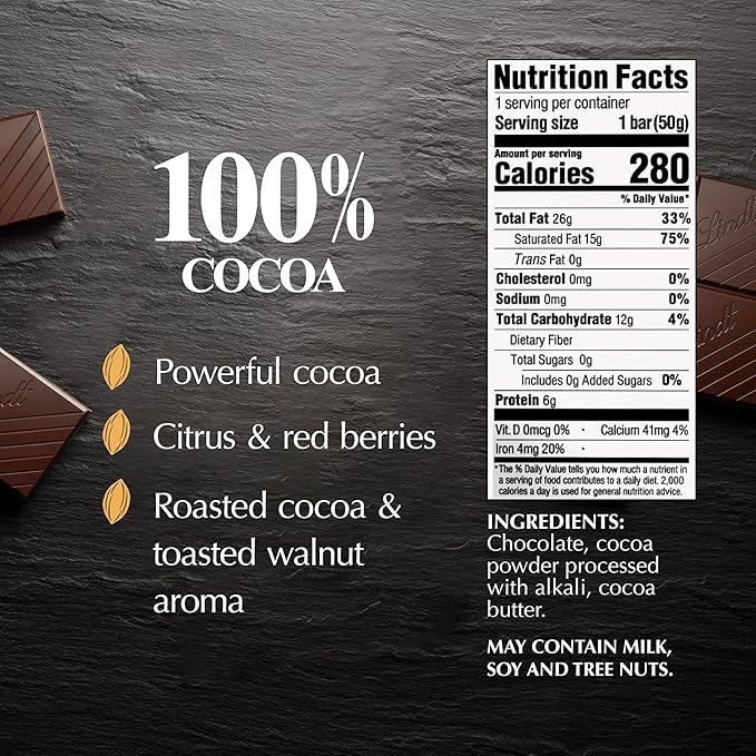 Lindt EXCELLENCE 100% Cocoa Dark Chocolate Bar Dark Chocolate Candy 1.7 oz. (18 Pack)