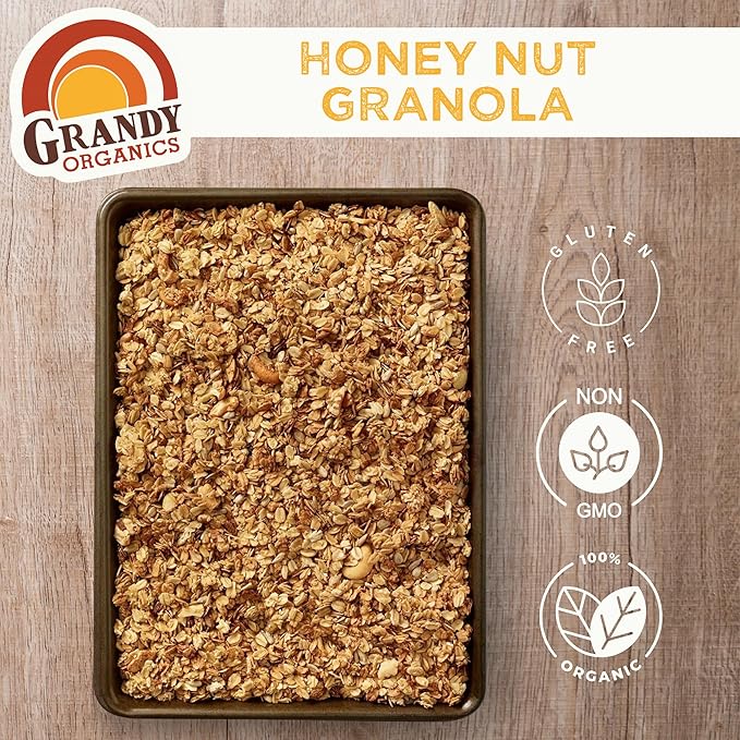 Grandy Organics Honey Nut Granola 10 Pound Bulk Bag Certified Organic Gluten Free Non-GMO Kosher Plant Based Protein Granola