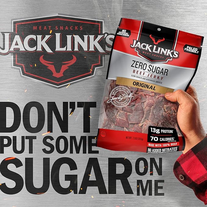 Jack Link's Original Zero Sugar Beef Jerky - 7.3 oz Bag - Ready to Eat Protein Snacks - 13g Protein per Serving - Made with 100% Real Beef(Pack of 4)