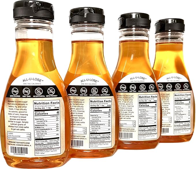 BetterTaste Honey Natural Flavored Allulose Syrup 11.75-Ounce (Pack of 4) Zero Calorie Sugar Substitute Non-GMO Non-Erythritol Gluten Free &amp Vegan Liquid Sweetener