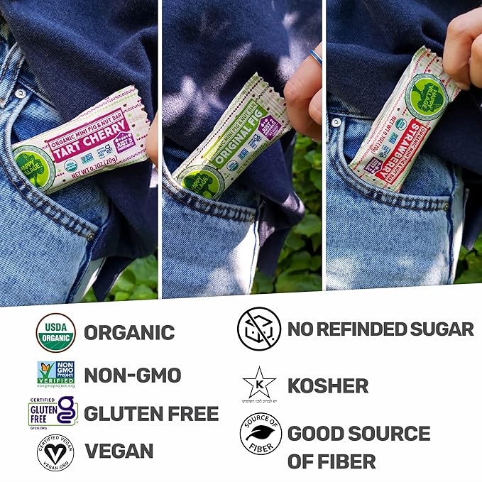 Happy Village Organic Mini Fig &amp Nut Bars VARIETY (24 Packs 0.7 OZ each) No Refined Sugar Kosher Non-GMO Gluten Free Vegan Good Source of Fiber Snack Bars (8 Tart Cherry 8 Fig 8 Strawber