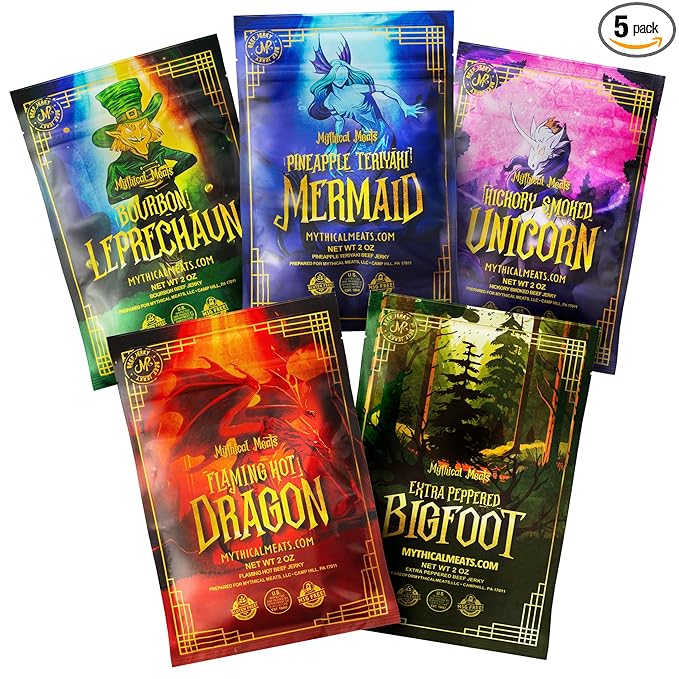 Mythical Meats Exotic Beef Jerky Sampler Pack - 5 Unique Flavors 2 Oz Snack Bags of Hand-Cut Premium Jerky MSG Free