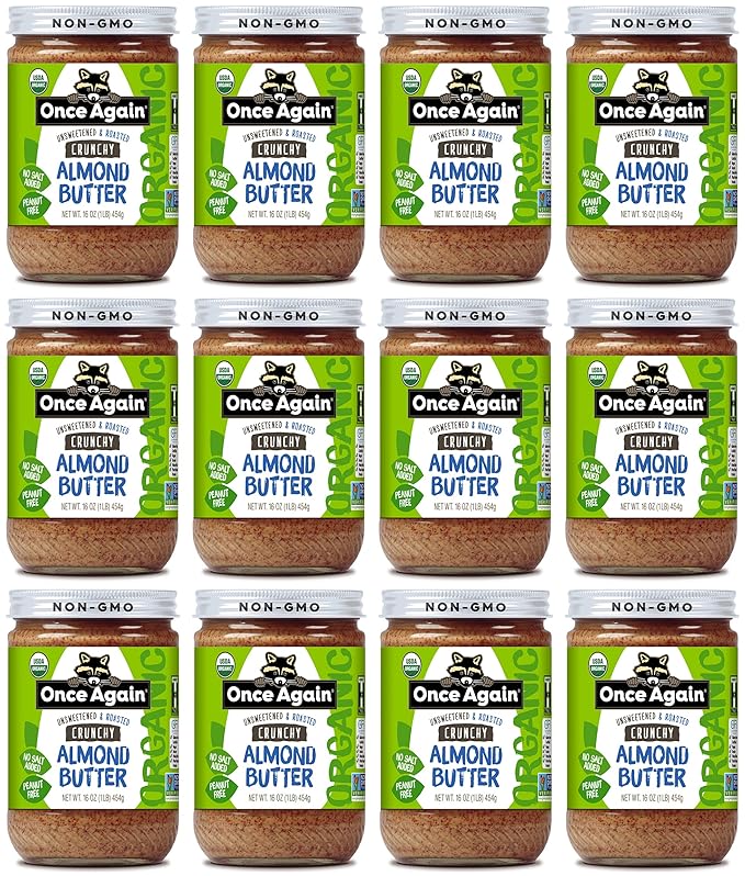 Once Again Organic Crunchy Almond Butter 16oz - Roasted - Salt Free Unsweetened - USDA Organic Gluten Free Certified Peanut Free Vegan Kosher Paleo - Glass Jar - Case of 12