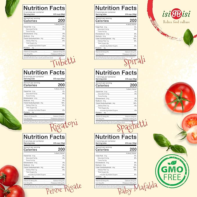 isiBisi Gluten-Free Pasta Sampler 8-Pack - Penne Spaghetti Rigatoni Tubetti Baby Mafalda Spirali Noodles - Non GMO Vegan Made in Italy