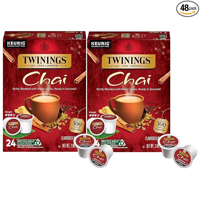 Twinings Chai Black Tea K-Cup Pods for Keurig 24 Count (Pack of 2) Naturally Sweet and Savoury Spice Flavours Caffeinated Enjoy Hot or Iced