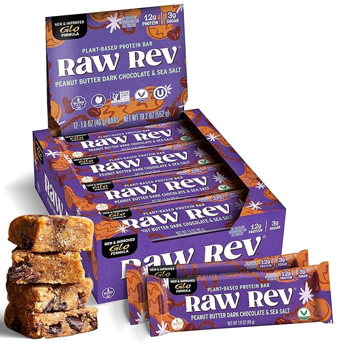 Raw Rev Vegan Protein Bars- Peanut Butter Dark Chocolate &amp Sea Salt 12 bars Non-GMO Plastic-Neutral Nothing Artificial Glo Formula Gluten-Free Keto-Friendly Paleo Kosher No Sugar Alcohol