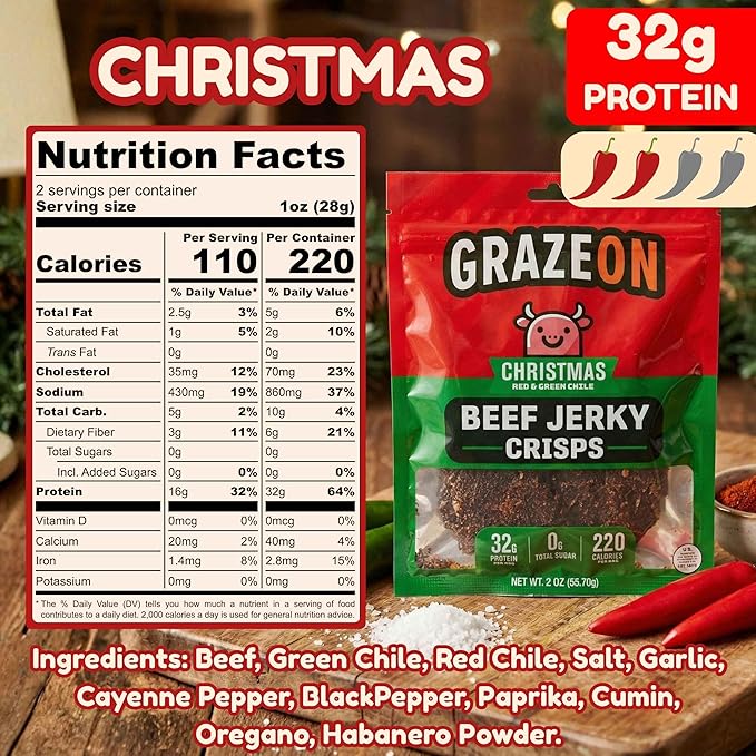 GrazeOn Beef Jerky Crisps Variety Pack - High Protein No Sugar Crunchy Air-Dried Meat Snack All-Natural Low Carb Keto Paleo Whole30 Spicy Pack All Natural Jerky Sampler with Red Chile Jalapeñ