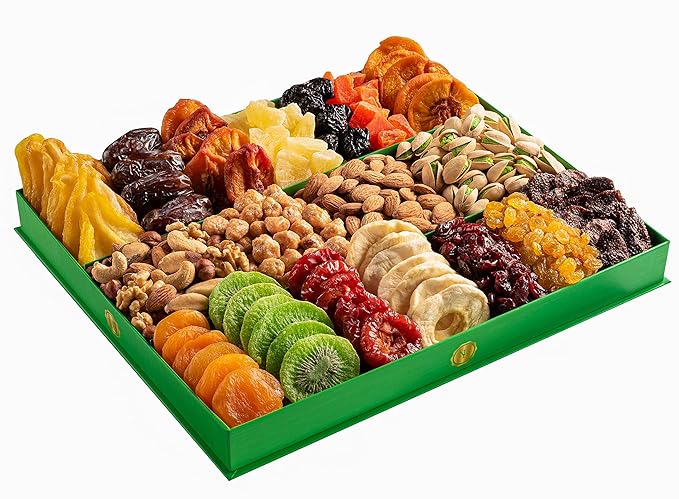 Holiday Dried Fruit &amp Nuts Gift Basket - Selection of 18 Food Tray - Food Gift Box for Him Husband Christmas Thanksgiving Fathers Day Mothers Day Sympathy Family Men &amp Women